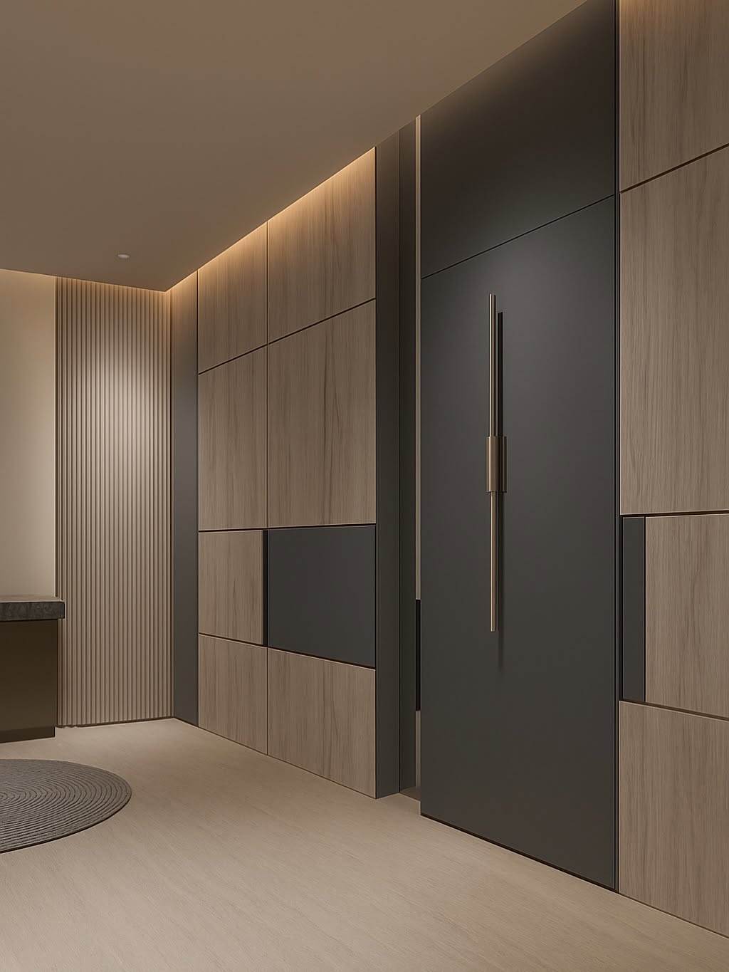 Closet con paneles en PVC acabado negro y madera