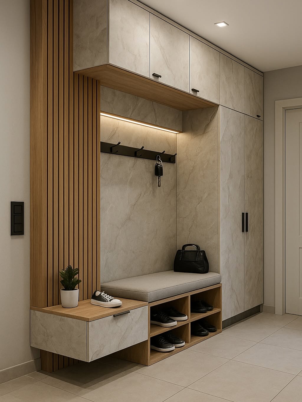 Closet con paneles en PVC acabado beige y negro